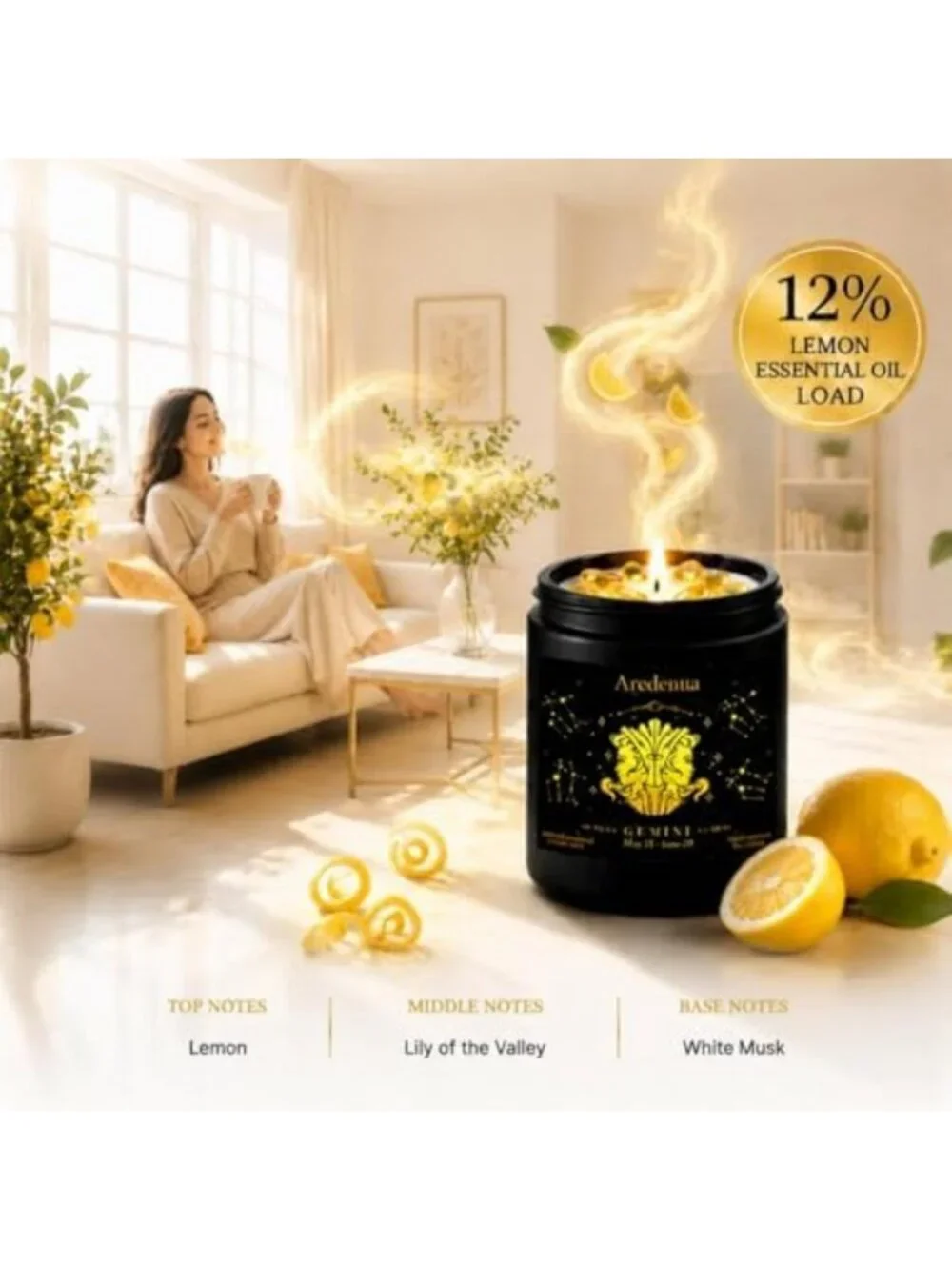 Lemon Scented Gemini Zodiac Candle with Citrine Crystals for Positive Energy